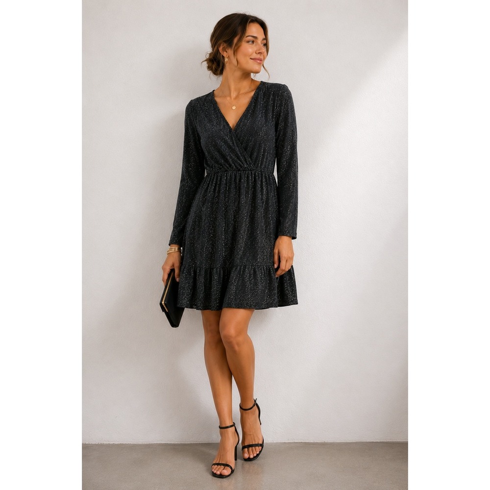 NWT IN'VOLAND Women's 22W Black Silver Sparkle‎ Glitter Wrap V-Neck Party Dress